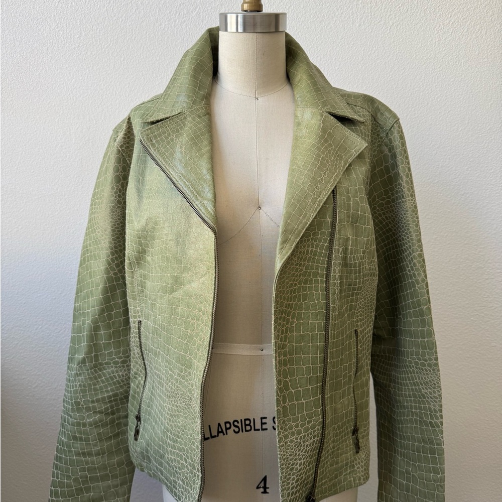 Olive Green Croc-Embossed Leather Jacket